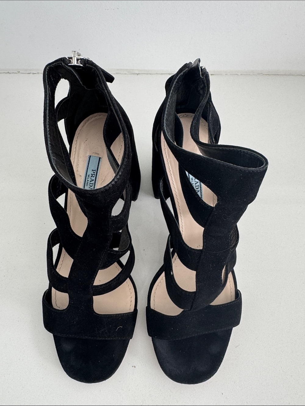 Prada Black Suede Cutout Strappy High Heel Sandals